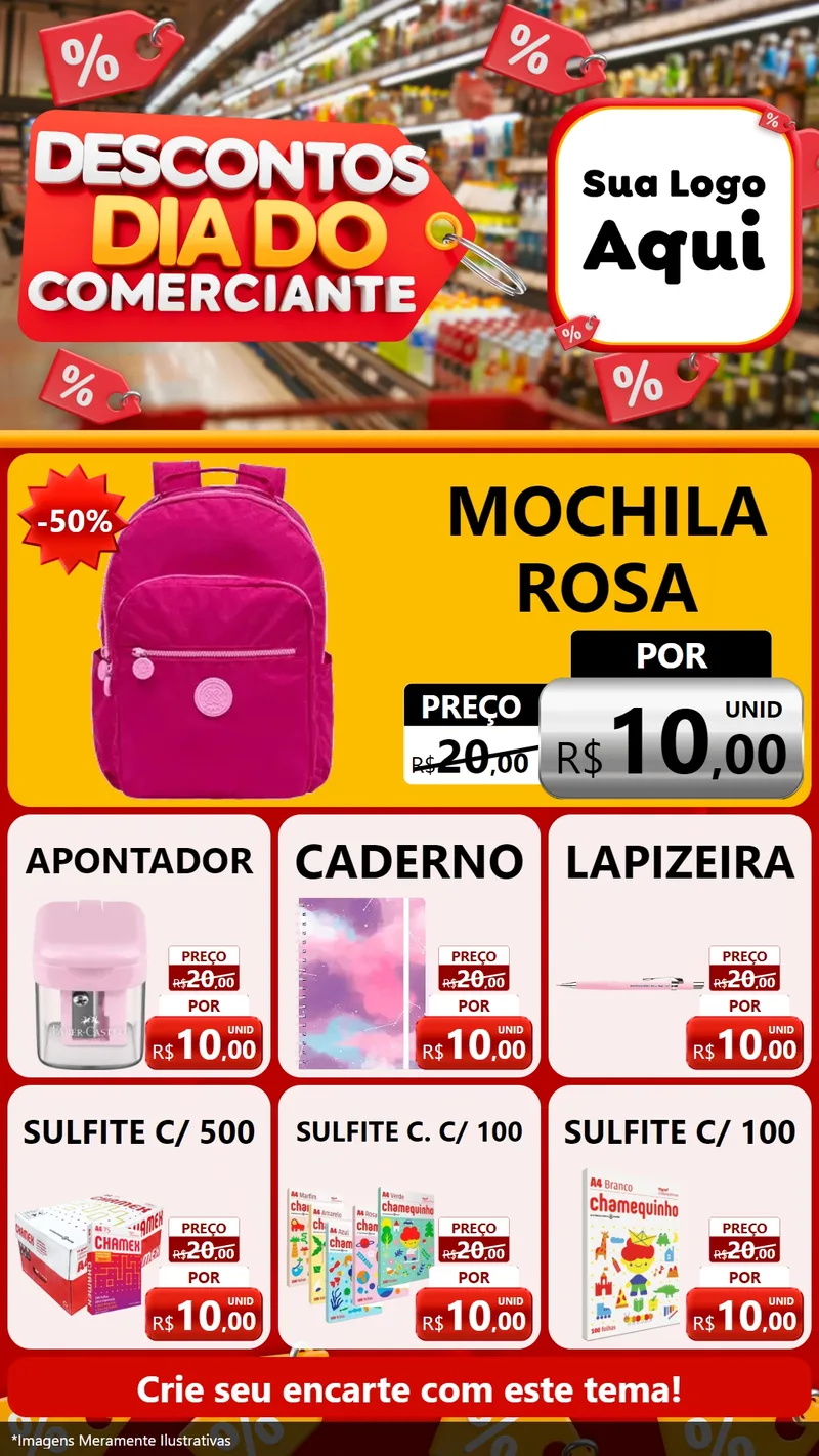 Modelo de Rede Social para Stories com o tema Descontos Dia do Comerciante para Papelaria