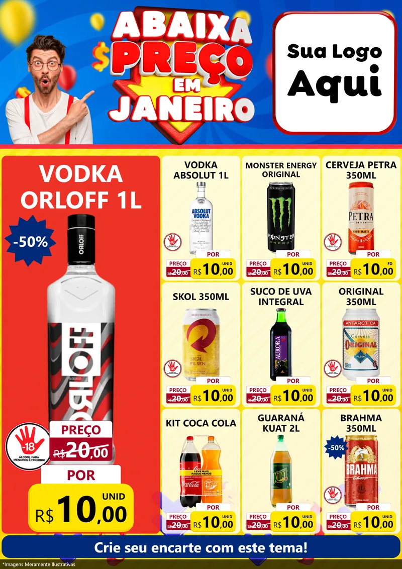 Modelo de Encarte para Encarte A4 Vertical com o tema Abaixa Preço em Janeiro para Distribuidora de bebidas