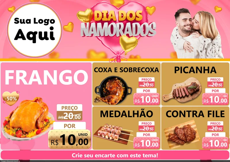 Modelo de Encarte para Encarte A4 Horizontal com o tema Dia dos Namorados para Assados