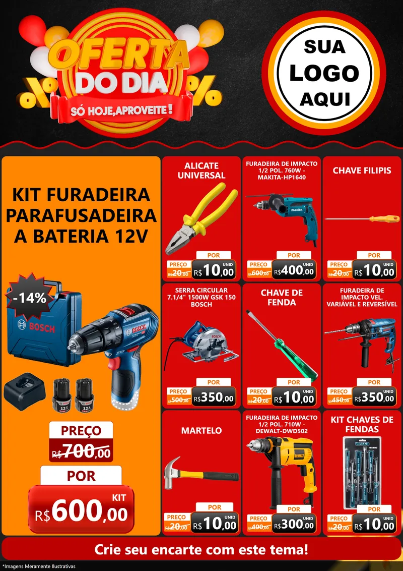 Modelo de Encarte para Encarte A4 Vertical com o tema Oferta do Dia - Só hoje, Aproveite! para Maquinas e Ferramentas