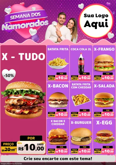 Modelo de Encarte para Encarte A4 Vertical com o tema Semana dos Namorados para Hamburgueria