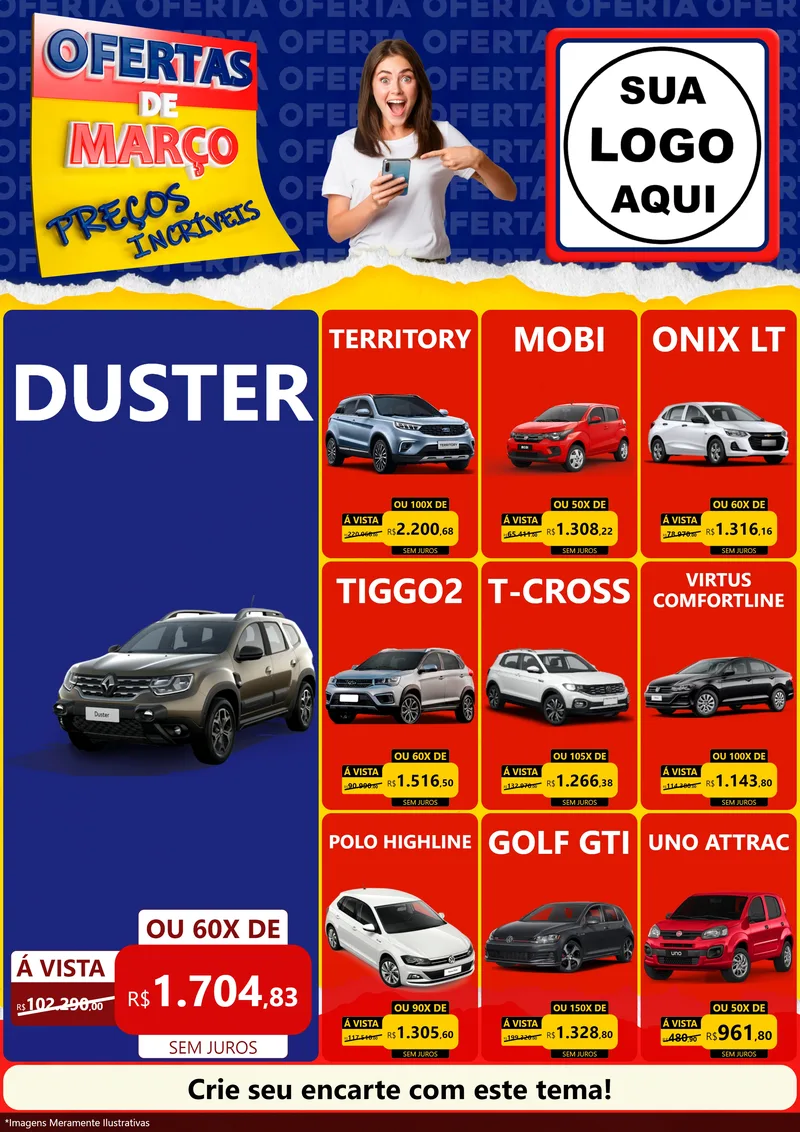 Modelo de Encarte para Encarte A4 Vertical com o tema Ofertas de Março - Preços Incríveis para Concessionaria de Carros