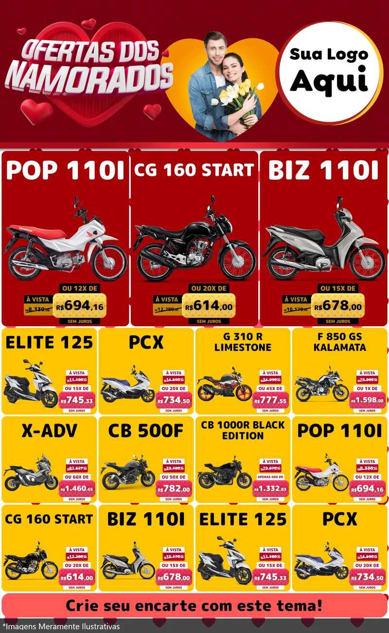 Modelo de Encarte para Encarte Grande com o tema Ofertas Dos Namorados para Concessionaria de Motos