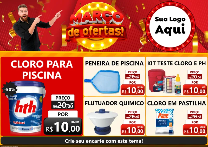 Modelo de Encarte para Encarte A4 Horizontal com o tema Março de Ofertas! para Produtos para Piscina
