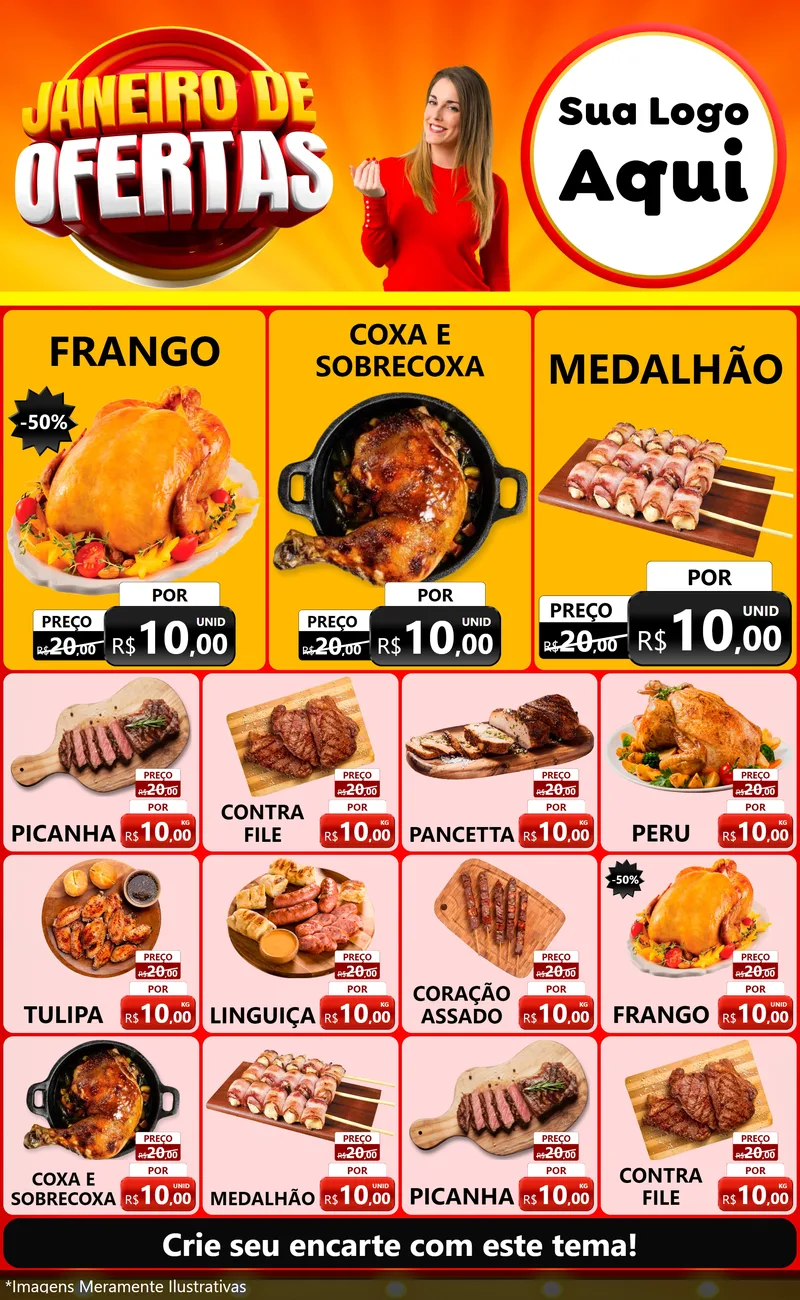 Modelo de Encarte para Encarte Grande com o tema Janeiro de Ofertas para Assados