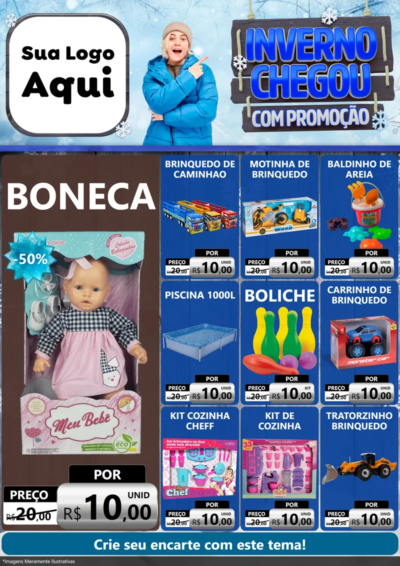 Modelo de Encarte para Encarte A4 Vertical com o tema Inverno Chegou Com Promoção para Brinquedos