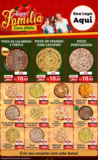Modelo de Encarte para Encarte Grande com o tema Alegria em Família Super Ofertas - Natal para Pizzaria