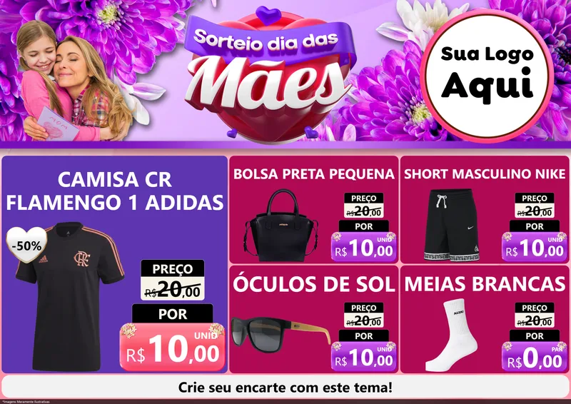 Modelo de Encarte para Encarte A4 Horizontal com o tema Sorteio Dia das Mães para Roupas e acessórios