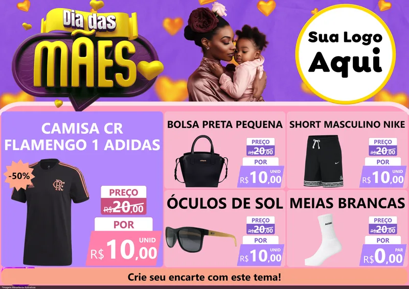 Modelo de Encarte para Encarte A4 Horizontal com o tema Dia das Mães para Roupas e acessórios