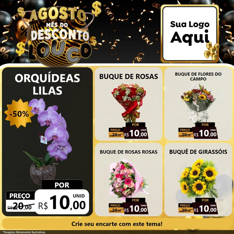 Modelo de Rede Social para Feed Facebook com o tema Agosto Mês do Desconto Louco para Floricultura e jardim