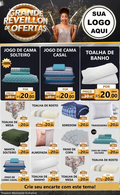 Modelo de Encarte para Encarte Grande com o tema Grande Réveillon de Ofertas para Cama, Mesa e Banho