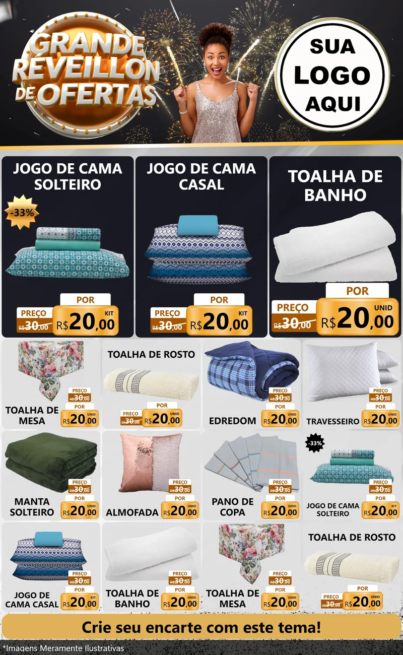 Modelo de Encarte para Encarte Grande com o tema Grande Réveillon de Ofertas para Cama, Mesa e Banho