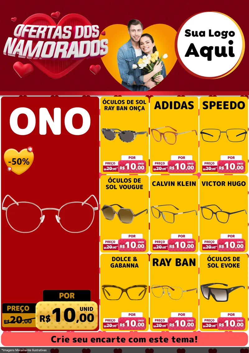 Modelo de Encarte para Encarte A4 Vertical com o tema Ofertas Dos Namorados para Óticas