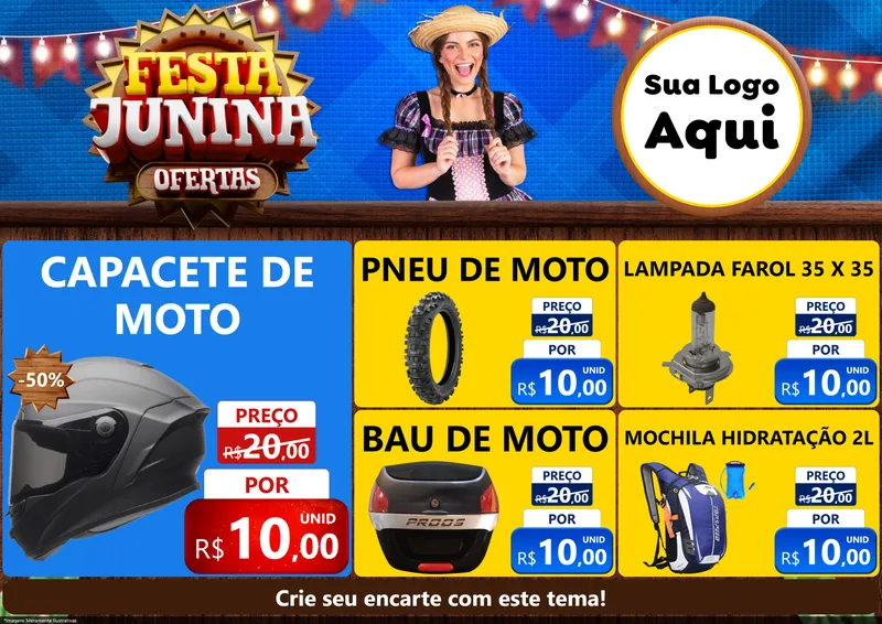 Modelo de Encarte para Encarte A4 Horizontal com o tema Festa Junina Ofertas para Moto peças