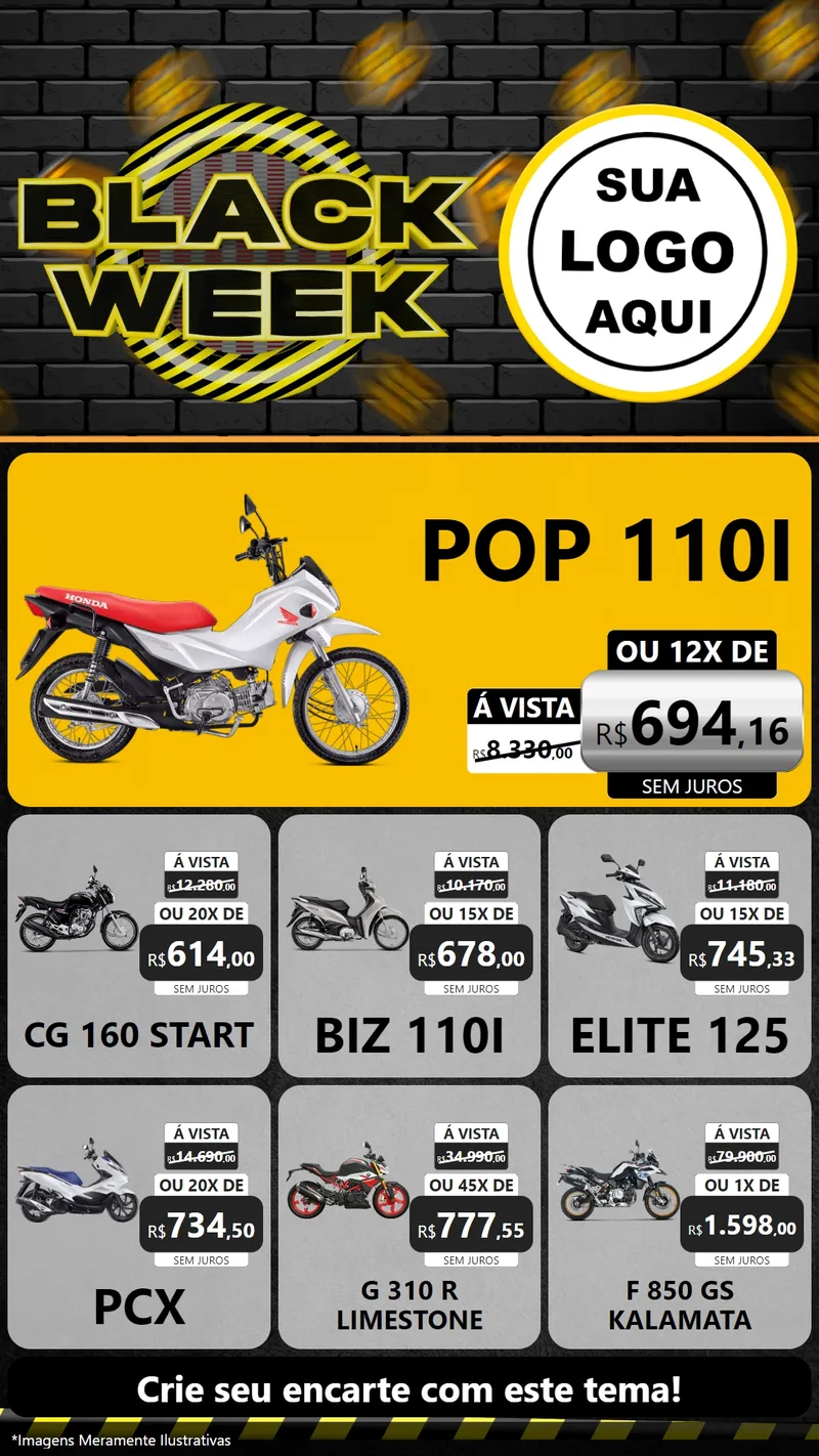 Modelo de Rede Social para Stories com o tema Black Week para Concessionaria de Motos