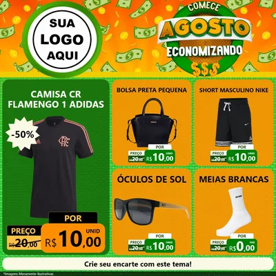 Modelo de Rede Social para Feed Facebook com o tema Comece Agosto Economizando para Roupas e acessórios