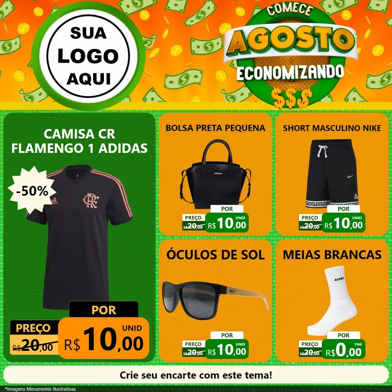 Modelo de Rede Social para Feed Facebook com o tema Comece Agosto Economizando para Roupas e acessórios
