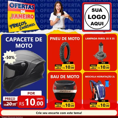 Modelo de Rede Social para Feed Facebook com o tema Ofertas de Janeiro - Preços Incríveis para Moto peças
