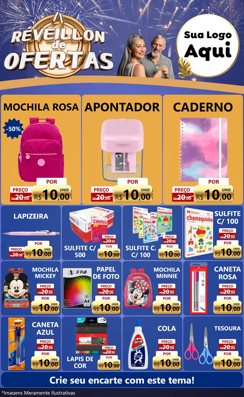 Modelo de Encarte para Encarte Grande com o tema Réveillon de Ofertas para Papelaria