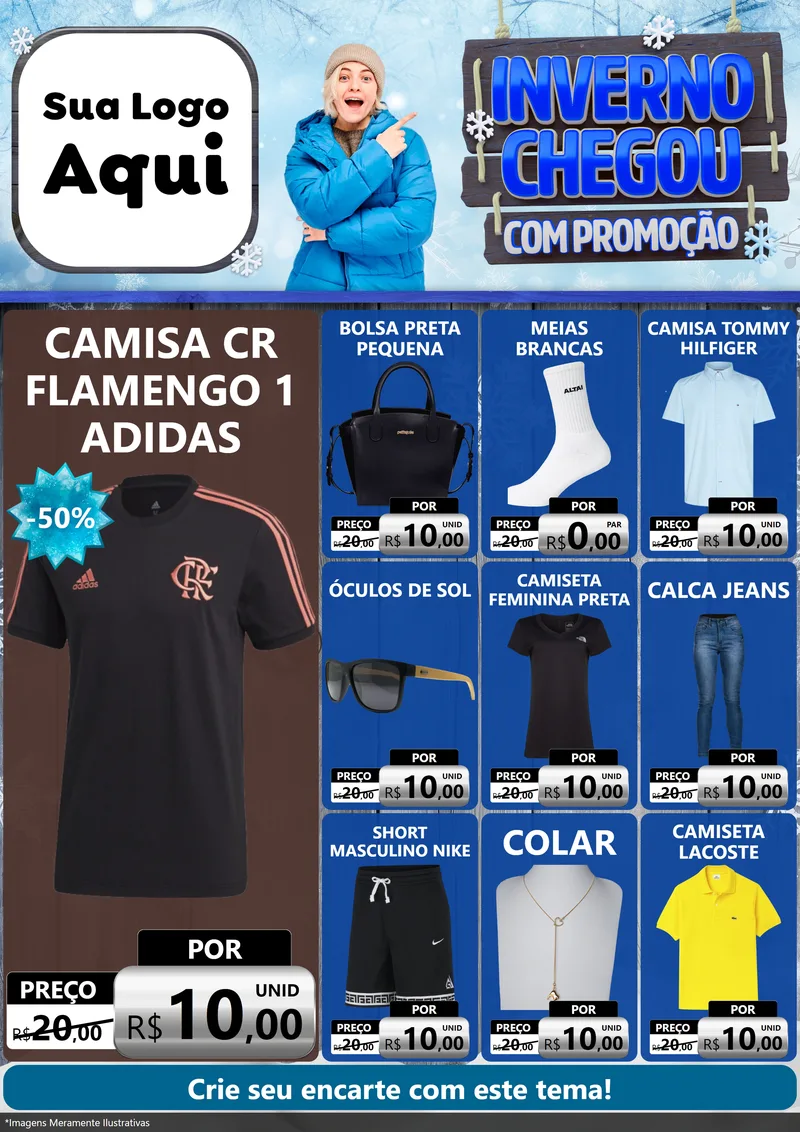 Modelo de Encarte para Encarte A4 Vertical com o tema Inverno Chegou Com Promoção para Roupas e acessórios