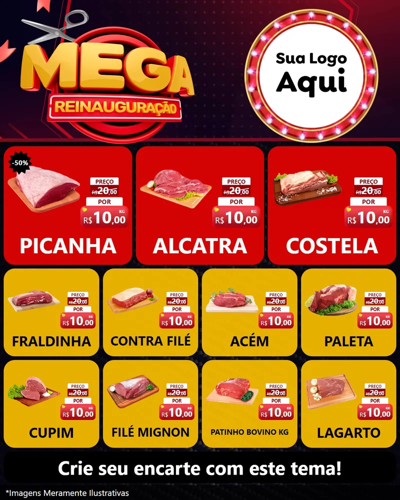 Modelo de Rede Social para Feed Instagram com o tema Mega Reinauguração para Açougue
