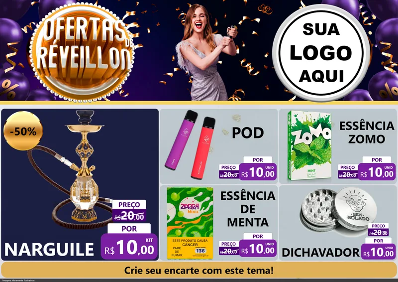 Modelo de Encarte para Encarte A4 Horizontal com o tema Ofertas de Réveillon para Tabacaria