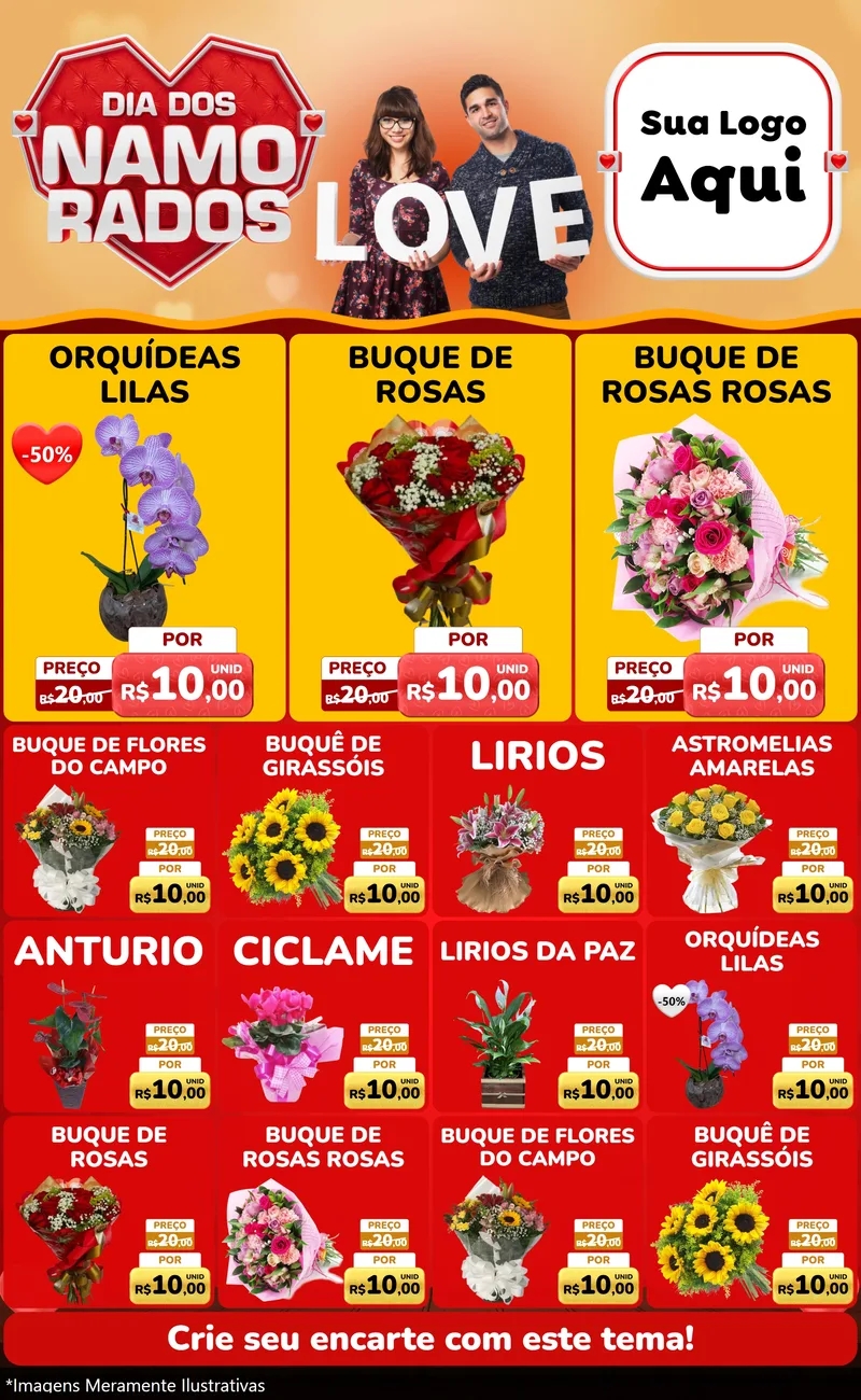 Modelo de Encarte para Encarte Grande com o tema Dia dos Namorados para Floricultura e jardim