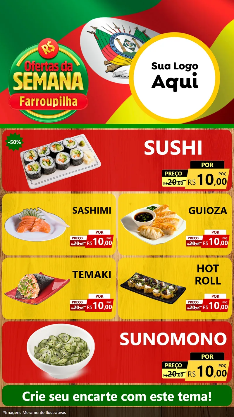 Modelo de TV para TV Vertical com o tema Ofertas da Semana Farroupilha para Comida japonesa