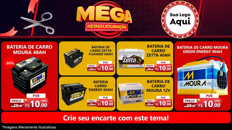 Modelo de TV para TV Horizontal com o tema Mega Reinauguração para Baterias Elétricas