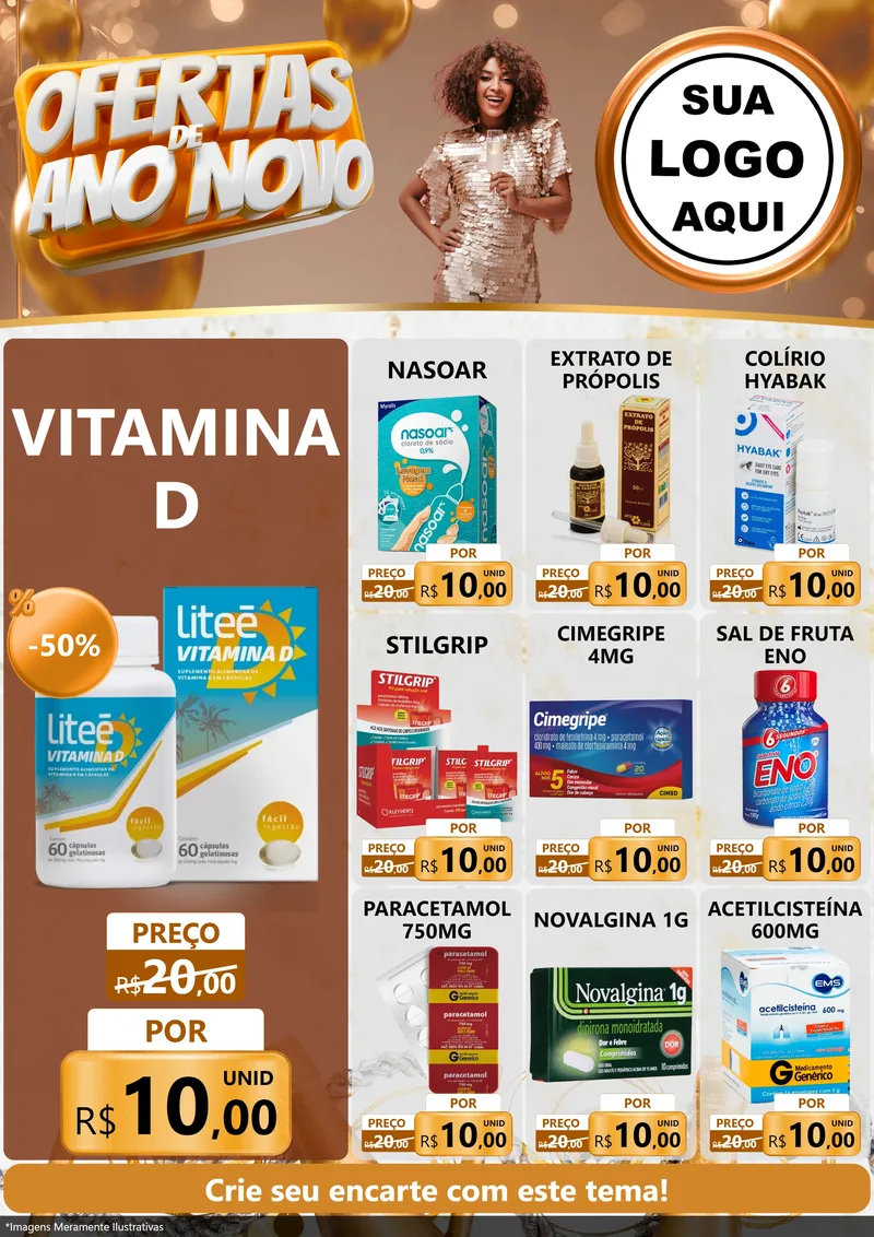 Modelo de Encarte para Encarte A4 Vertical com o tema Ofertas de Ano Novo para Farmácia