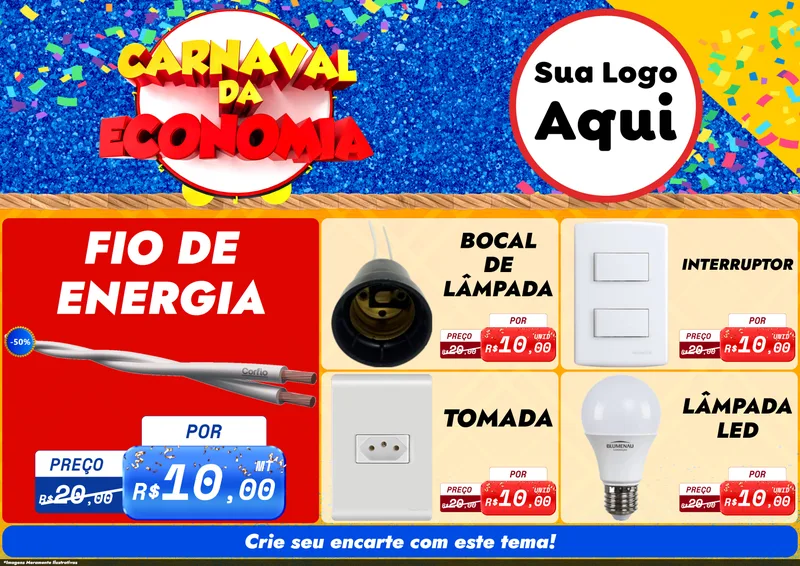 Modelo de Encarte para Encarte A4 Horizontal com o tema Carnaval da Economia para Materiais Elétricos
