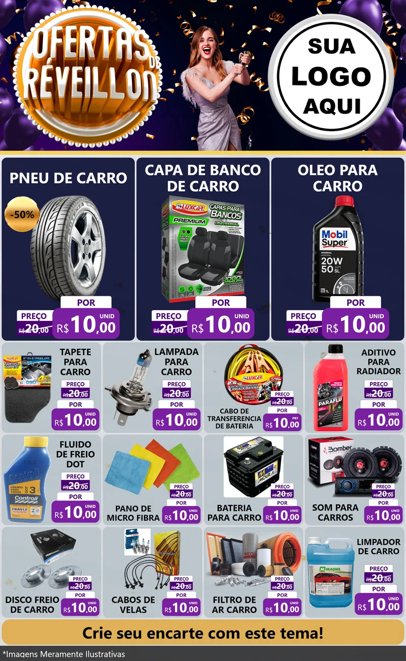 Modelo de Encarte para Encarte Grande com o tema Ofertas de Réveillon para Auto peças