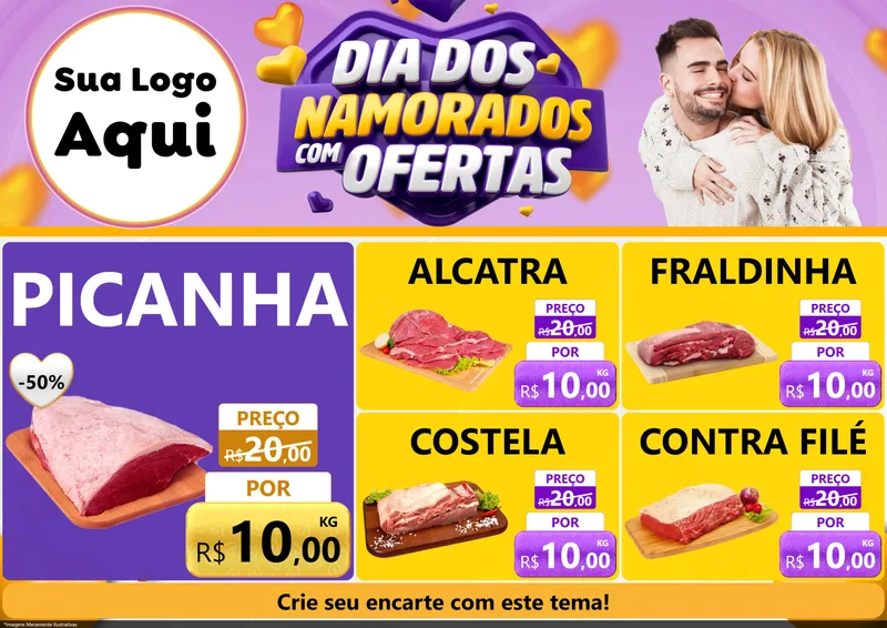 Modelo de Encarte para Encarte A4 Horizontal com o tema Dia Dos Namorados Com Ofertas para Açougue