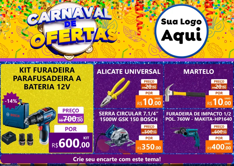 Modelo de Encarte para Encarte A4 Horizontal com o tema Carnaval de Ofertas para Maquinas e Ferramentas