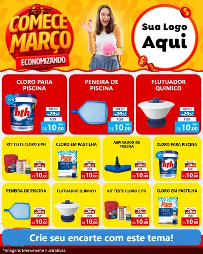 Modelo de Rede Social para Feed Instagram com o tema Comece Março Economizando para Produtos para Piscina