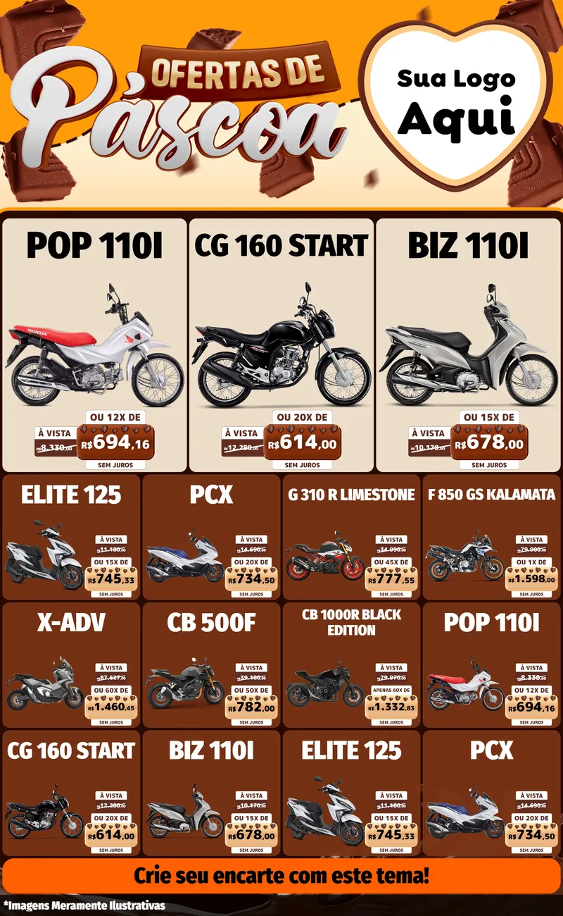 Modelo de Encarte para Encarte Grande com o tema Ofertas de Páscoa para Concessionaria de Motos