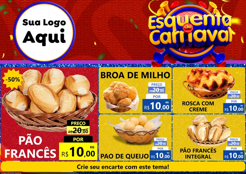 Modelo de Encarte para Encarte A4 Horizontal com o tema Esquenta de Carnaval para Padaria