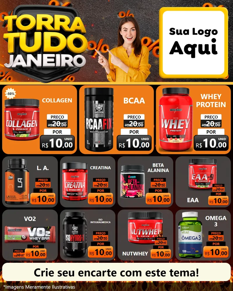 Modelo de Rede Social para Feed Instagram com o tema Torra Tudo Janeiro para Suplementos alimentares