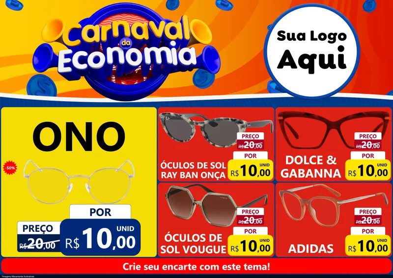 Modelo de Encarte para Encarte A4 Horizontal com o tema Carnaval da Economia para Óticas