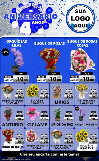 Modelo de Encarte para Encarte Grande com o tema Promoção de Aniversário - 4 Anos para Floricultura e jardim