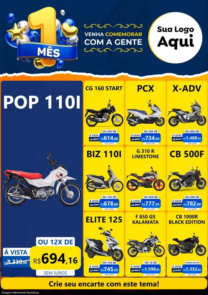 Modelo de Encarte para Encarte A4 Vertical com o tema Um Mês de Aniversário para Concessionaria de Motos
