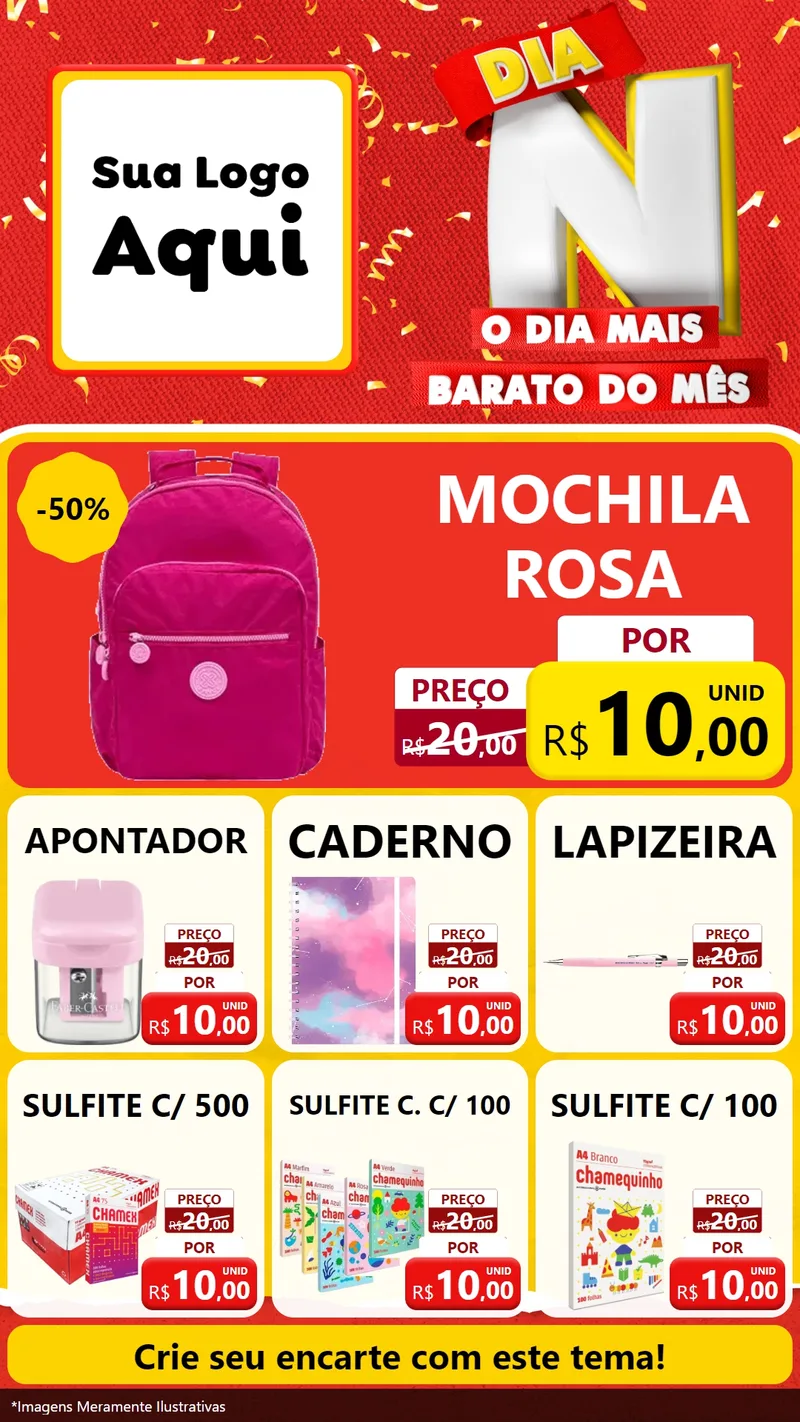 Modelo de Rede Social para Stories com o tema Dia N o Dia Mais Barato do Mês para Papelaria