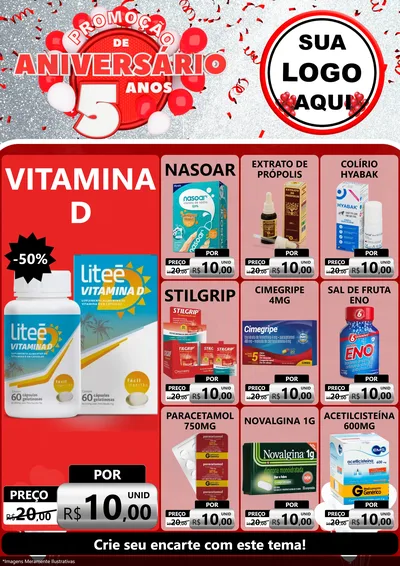 Modelo de Encarte para Encarte A4 Vertical com o tema Promoção de Aniversário - 5 Anos para Farmácia