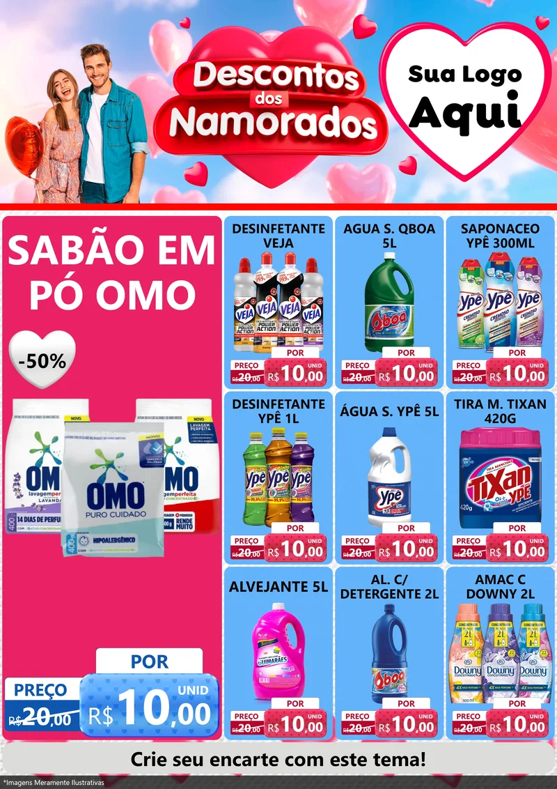 Modelo de Encarte para Encarte A4 Vertical com o tema Descontos dos Namorados para Produtos de Limpeza