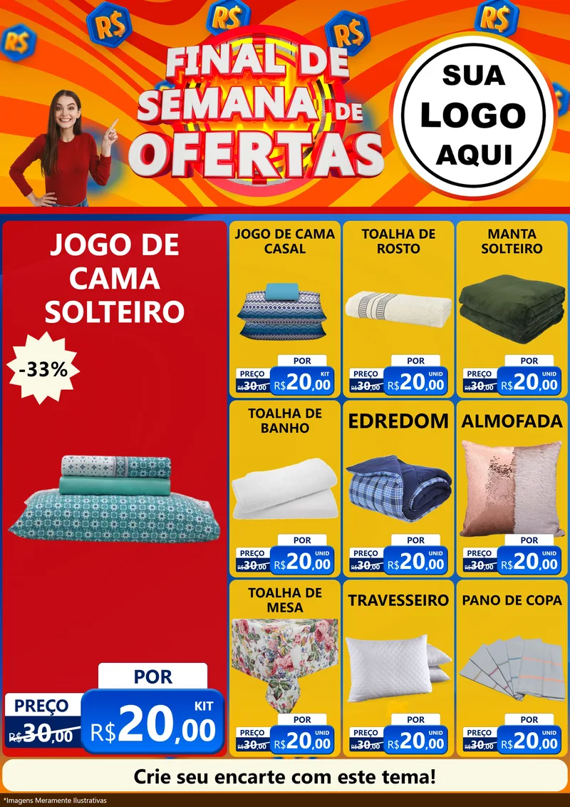 Modelo de Encarte para Encarte A4 Vertical com o tema Final de Semana de Ofertas para Cama, Mesa e Banho