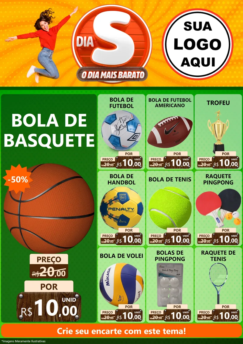 Modelo de Encarte para Encarte A4 Vertical com o tema Dia S - O Dia Mais Barato para Artigos Esportivos