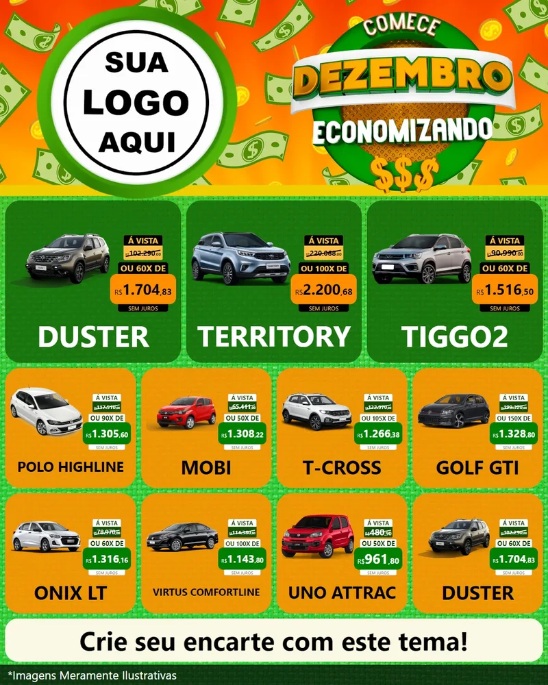 Modelo de Rede Social para Feed Instagram com o tema Comece Dezembro Economizando para Concessionaria de Carros