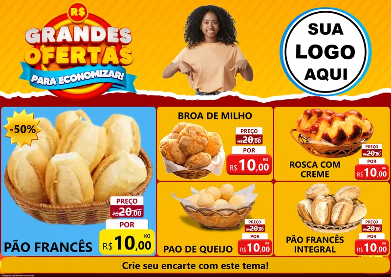 Modelo de Encarte para Encarte A4 Horizontal com o tema Grandes Ofertas Para Economizar! para Padaria