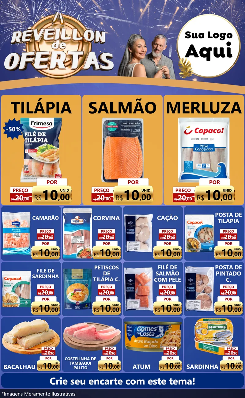 Modelo de Encarte para Encarte Grande com o tema Réveillon de Ofertas para Peixaria
