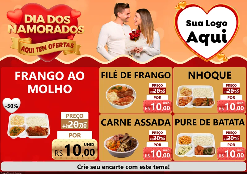 Modelo de Encarte para Encarte A4 Horizontal com o tema Dia dos Namorados - Aqui Tem Ofertas para Restaurante